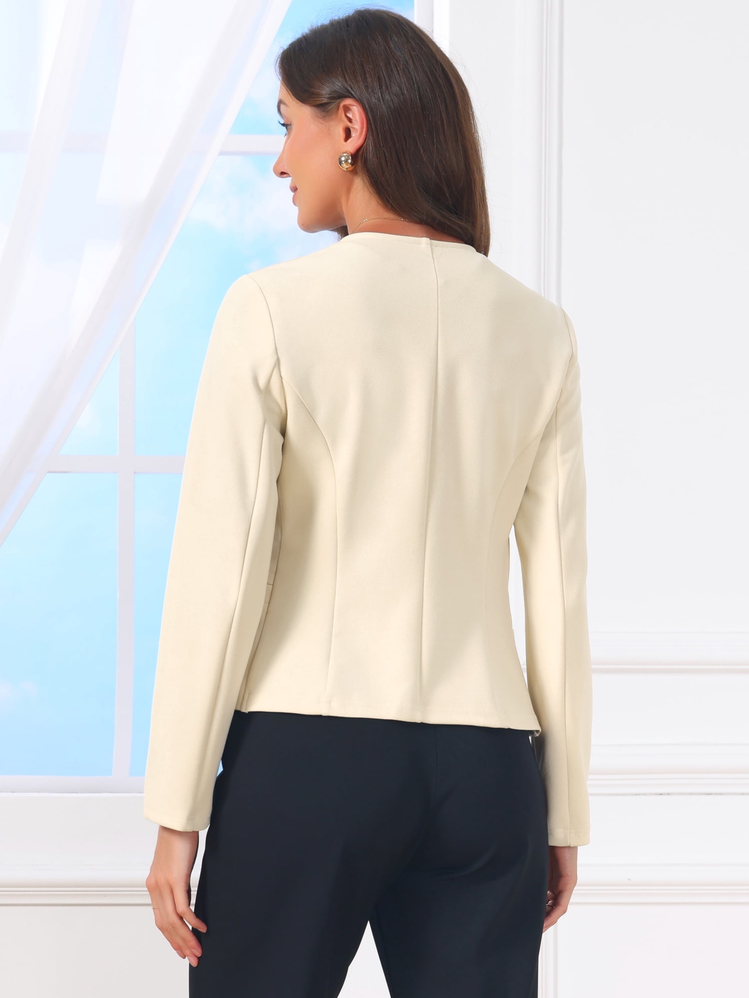 DARING DIVA Women's Collarless Business Outfits Open Front Suit Blazer L Beige
