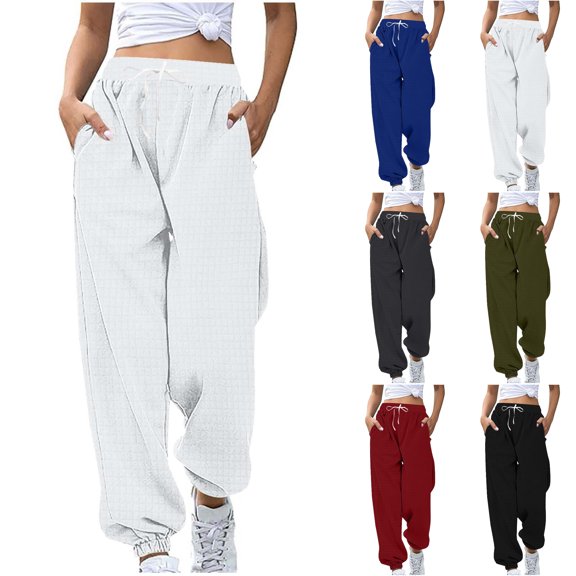 Nugftut Womens Sweatpants with Pockets and Drawstring Waffle Knit Pants Loose Cuffed Sweatpants