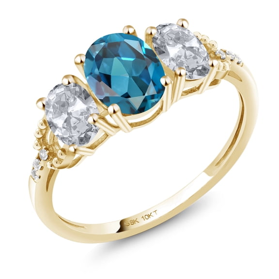 Gem Stone King 10K Yellow Gold London Blue Topaz White Topaz and Diamond Accent Engagement Ring for Women | 2.22 Cttw | Oval Gemstone Birthstone | Wedding Engagement Anniversary Promise Ring | Size 7