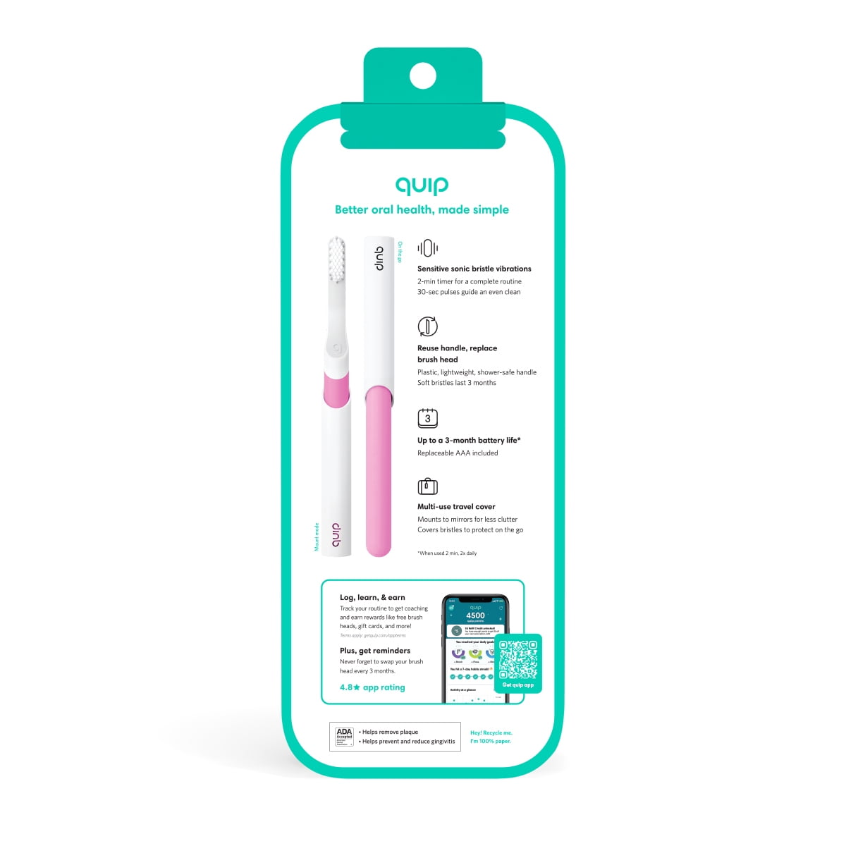 Quip Adult Electric Toothbrush Full Head, Built-in Timer + Travel Case, Magenta Plastic