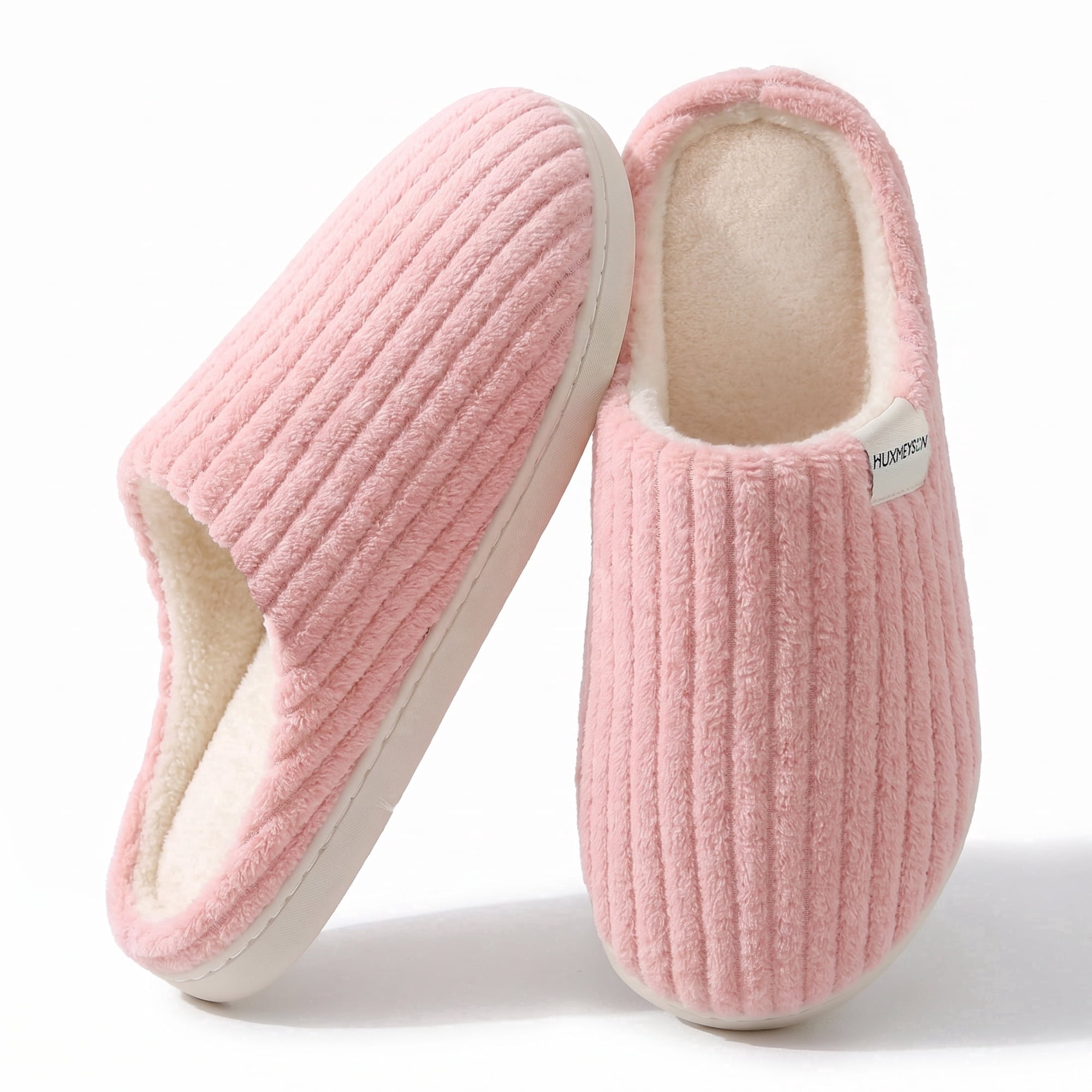 Sasttie Slippers for Women, Warm Memory Foam Comfy House Slippers with Anti-Skid Rubber Sole for Indoor and Outdoor, Pink & 7-8