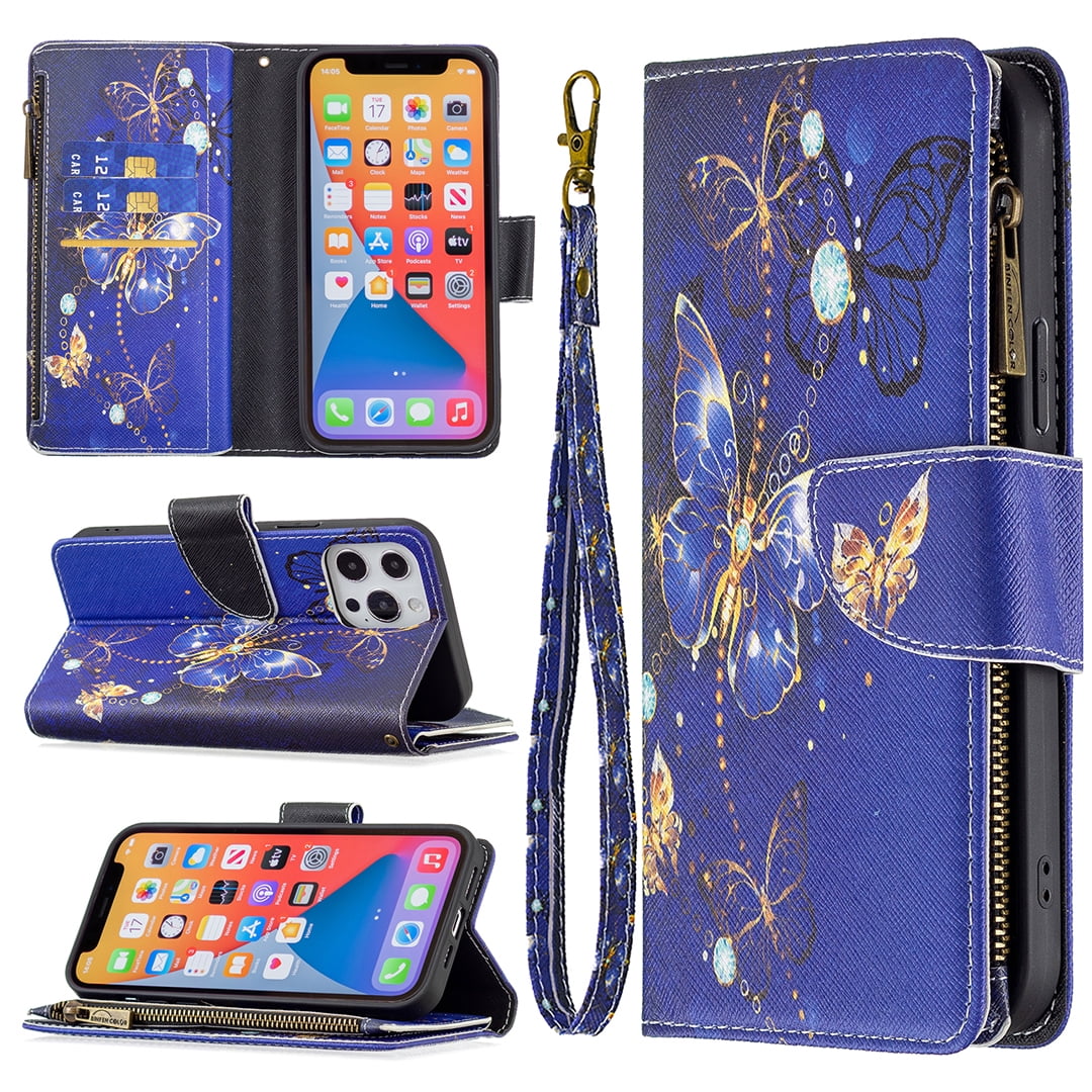 Wallet Case for iPhone 13, PU Leather Flip Folio Magnetic Closure Slim Shell Dual Layer Heavy Duty Protective Bumper Card Holder Wrist Strap for Apple iPhone 13,Blue Butterfly