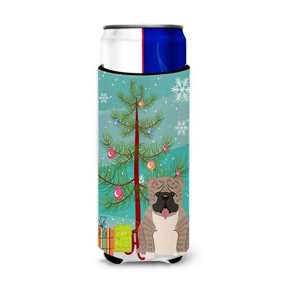 Merry Christmas Tree English Bulldog Grey Brindle Michelob Ultra Hugger for Slim Cans