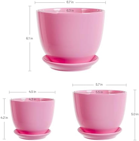 Pink Ceramic Flower Pots, Indoor Decorative Plant Pots Set of 3, 4"+5"+6" Inch Glazed Succulent Planters with Drainage Hole, Modern Garden Pots with Saucer