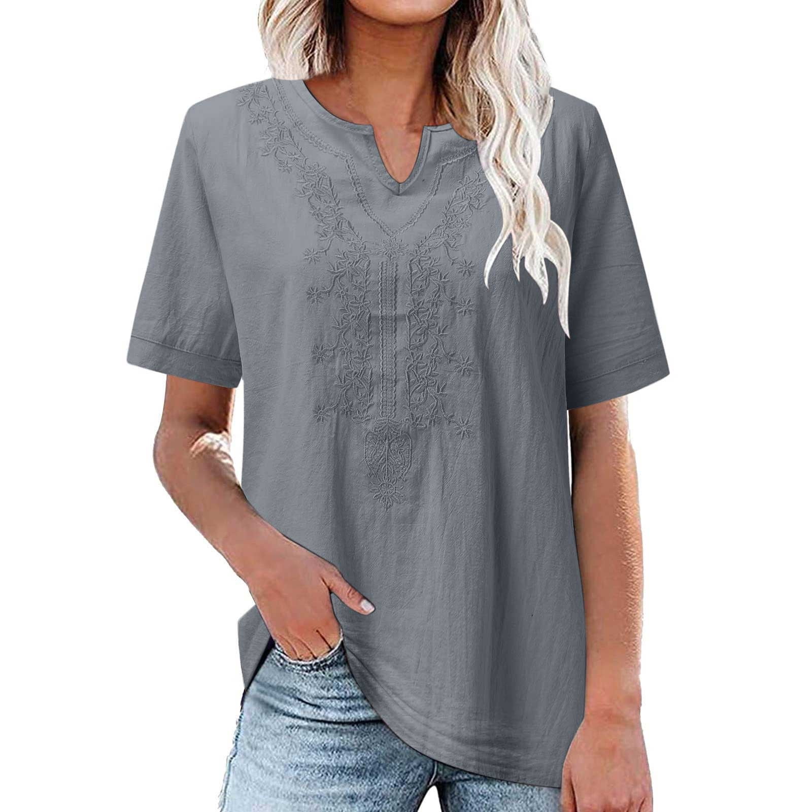 Flodxo Hauts Brodés Bohème Pour Femme - Chemise D'été En Coton Et Lin - Élégant Et Décontracté - Chemisier Henley Boutonné Pour Femme - Pour Sortir, Travail, Bureau, Rose, XL