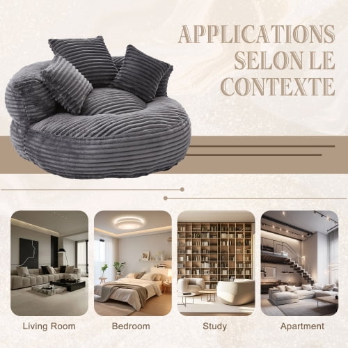 Oversized Bean Bag Chair with Armrest & 3 Pillows, Corduroy Bean Bag Sofa for Adults, High-Density Memory Foam Filling, Lazy Lounger for Bedroom, Living Room, Dorm, Dark Gray