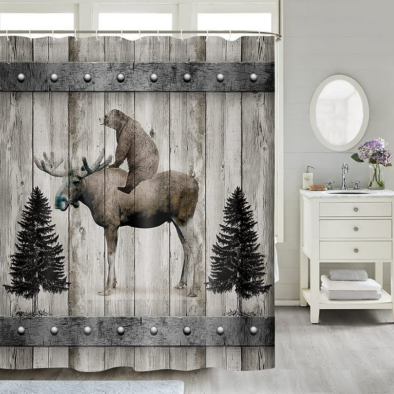 Rustic Gray Wooden Barn Board Shower Curtains For Bathroom Farmhouse Cabin Forest Wildlife Design Adventure Curtain Fabric Bear Moose With 12 Hooks 70x70in Com