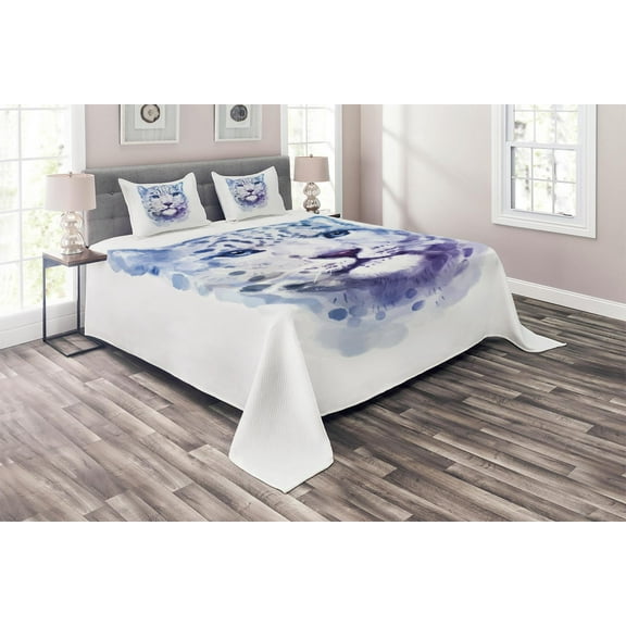 Ambesonne Animal Quilted Coverlet 3 Pcs, Leopard Wild Cat, Queen Size, Violet White