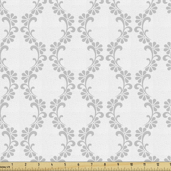 Ambesonne Damask Grey Fabric by the Yard Upholstery, Floral Bloom Grid, 3 Yards, Pale Grey and White