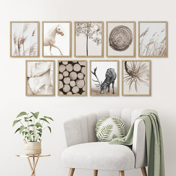 PixonSign Framed Canvas Print Wall Art Set - Sepia Horse & Deer Animal Florals Posters - Set of 9 Nature Wilderness Photography Modern Art Farmhouse Wall Décor for Rooms - 12"x16" Natural