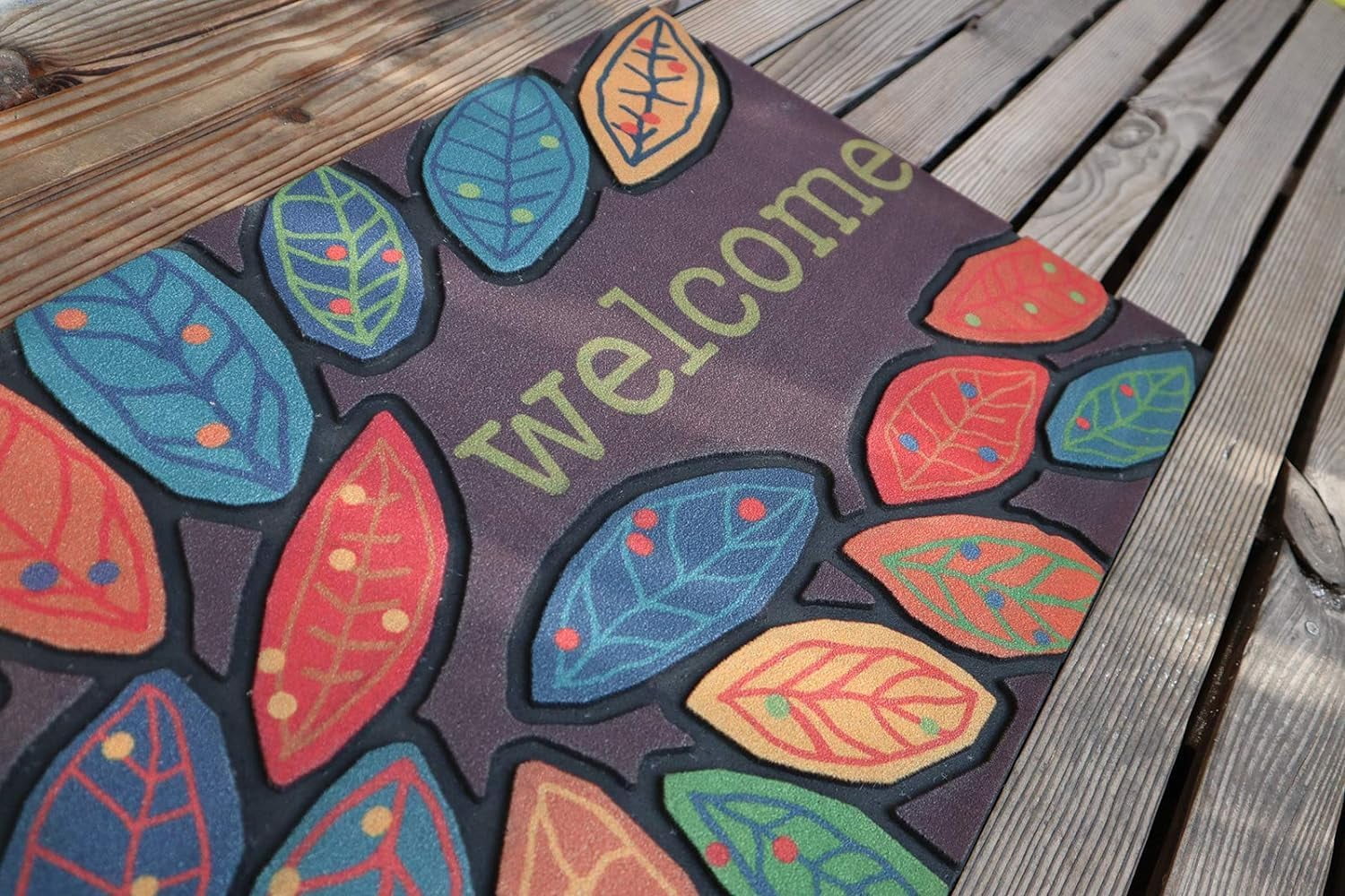 Door Mat Welcome Mat 17x 30 Inch Front Door Mat Outdoor for Home Entrance Outdoor Mat for Outside Entry Way Doormat Entry Rugs, Heavy Duty Non Slip Rubber Back Low Profile, Leaves