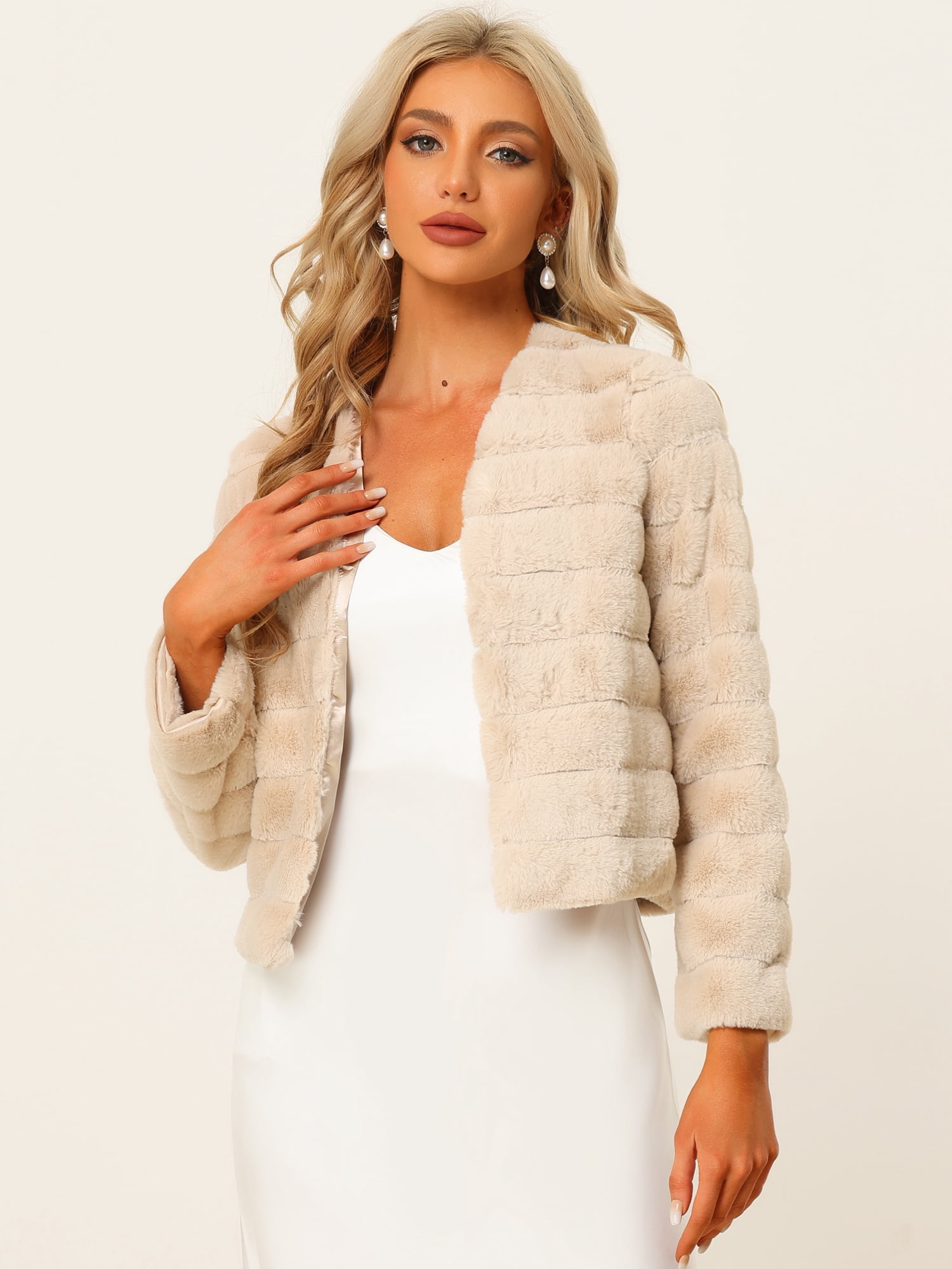 DARING DIVA Women's Long Sleeve Collarless Shaggy Soft Faux Fur Coat L Apricot