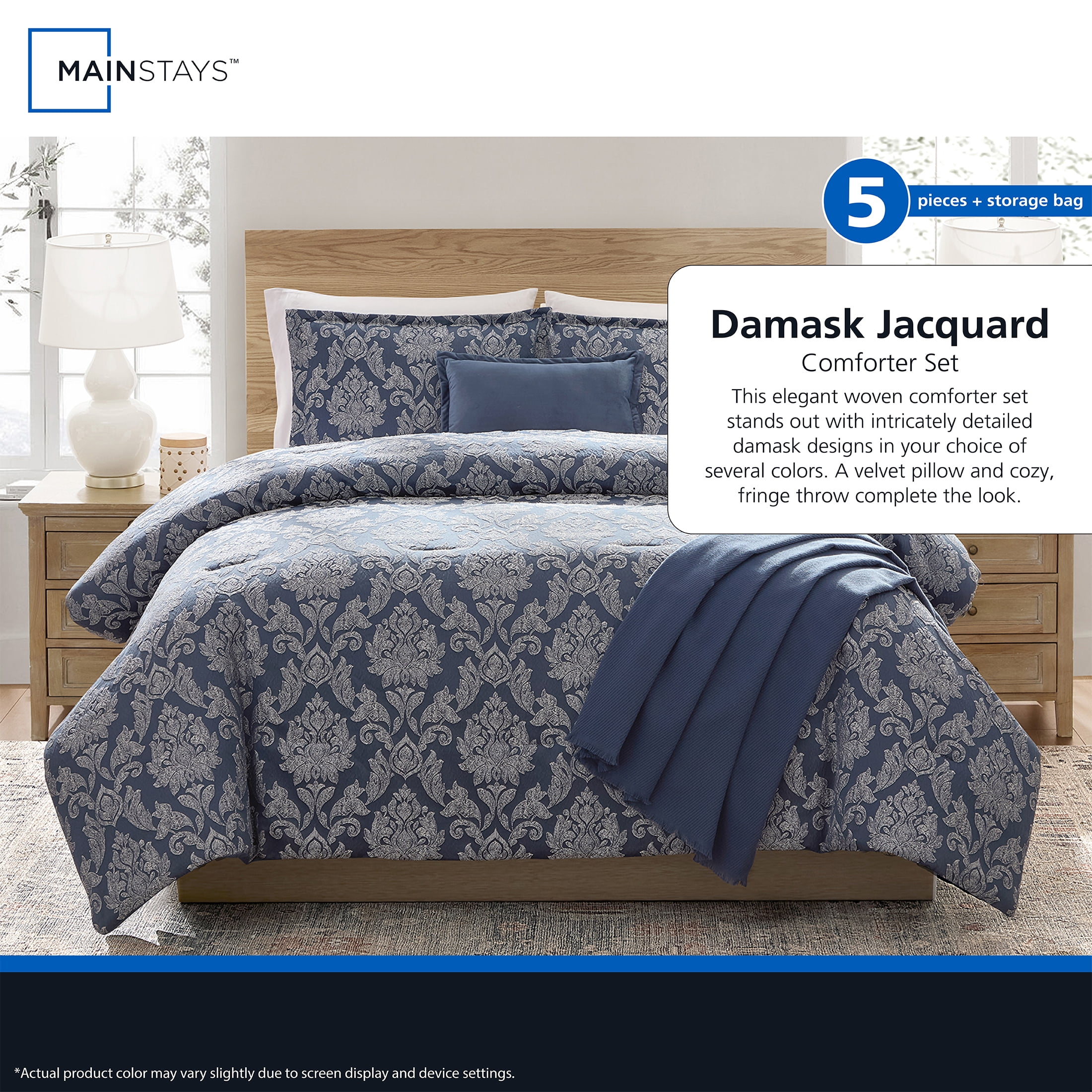 Mainstays Damask 4-Piece Blue Jacquard Comforter Set, Twin/Twin XL