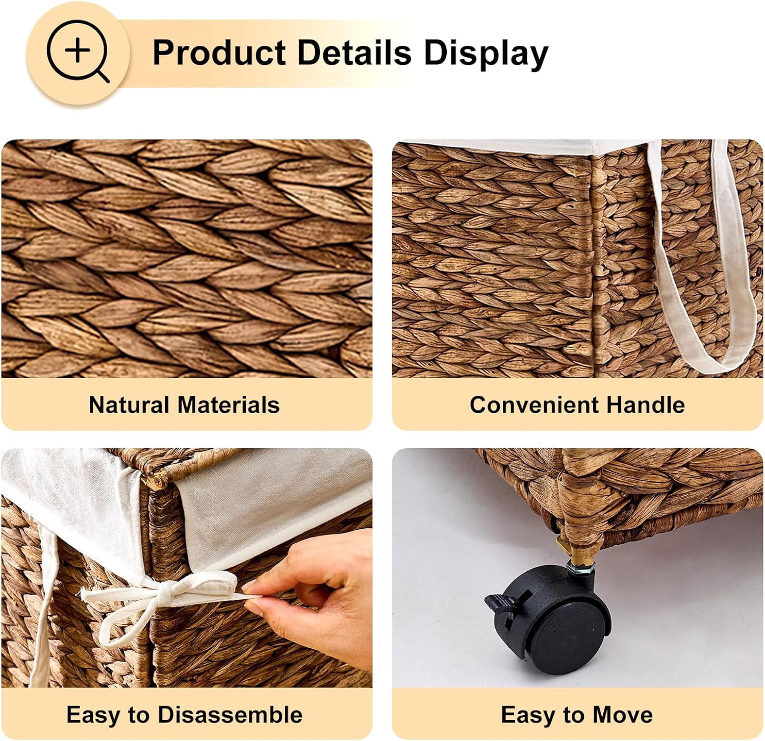 Rolling Natural Water Hyacinth Laundry Hamper with Removable Liner, 100L Capacity, Espresso