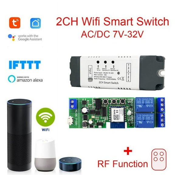 Tuya Smart WiFi Switch Relay Module 2 CH 7-32V /APP Wireless Remote Control Smart Home for Home,1 * Tuya Smart Switch with case,White