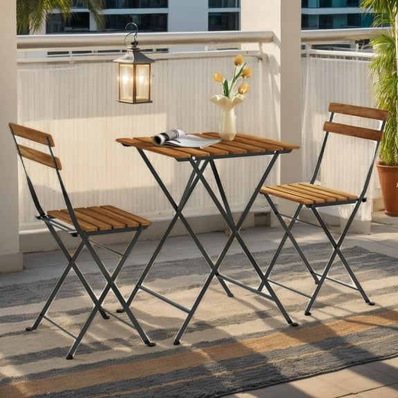 Demifill 3 Piece Patio Acacia Wood Bistro Set with Slatted Seat and Tabletop, Patio Furniture Set for Outdoor as Garden, Backyard, Porch, Brown