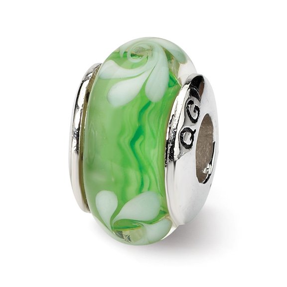 Sterling Silver Reflections Green White Murano Glass Bead Charm - Measures 13.64x7.27mm Wide
