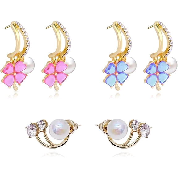 Lymphatic Earrings for Women Dainty Flower Pearl Hoop Fashion Jewelry Silver Gift 3 Pairs