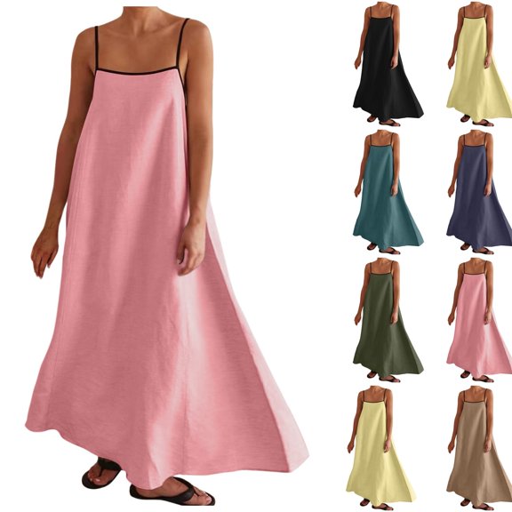 Tisuna Army Green Long Maxi Dress For Woman Solid Color Sleeveless Suspender Dresses Ladies Loose Fit Casual Wear Sundress Size L