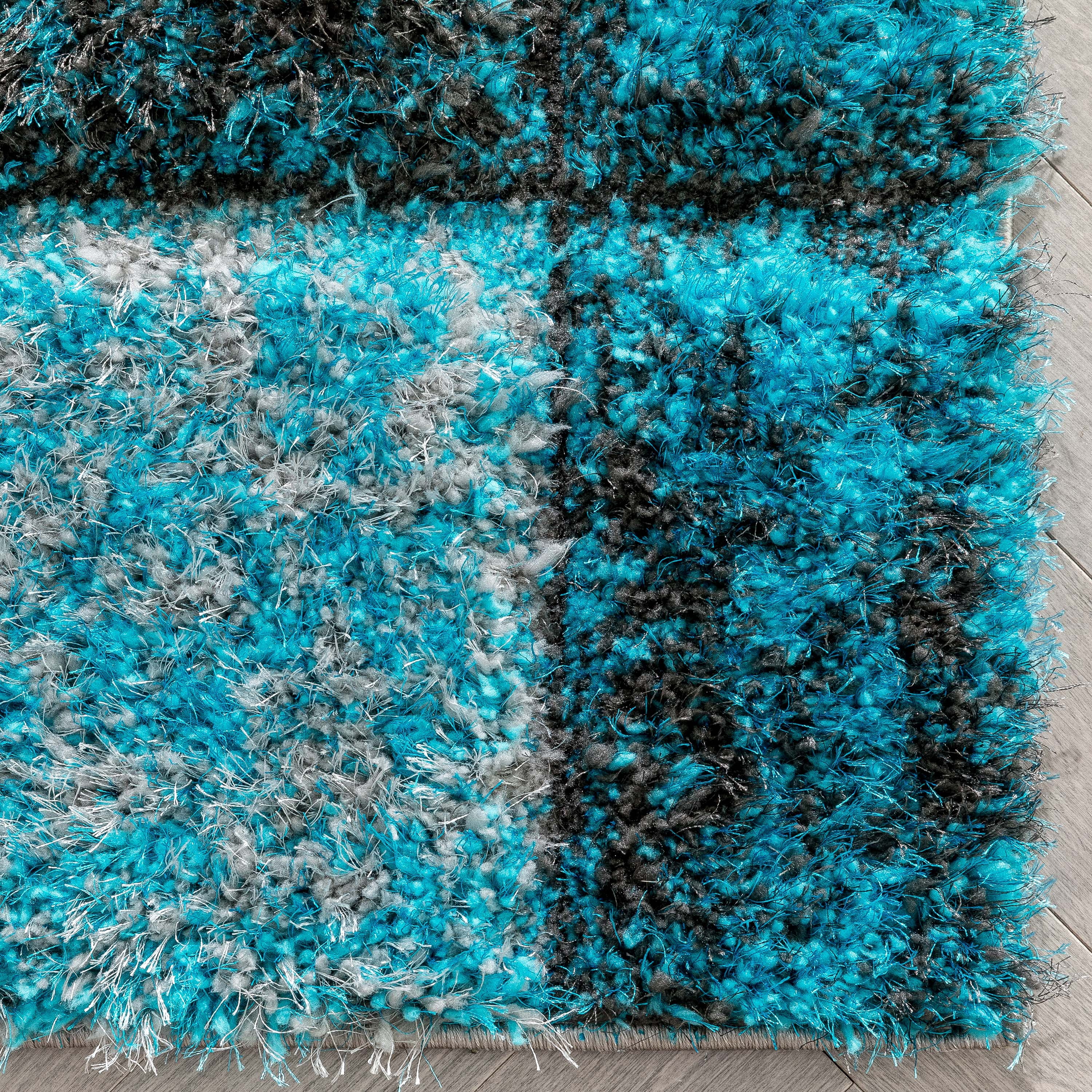 Well Woven Lolly Kenzo Retro Geometric Pattern Teal Grey 5'3" x 7'3" 3D Texture Shag Area Rug