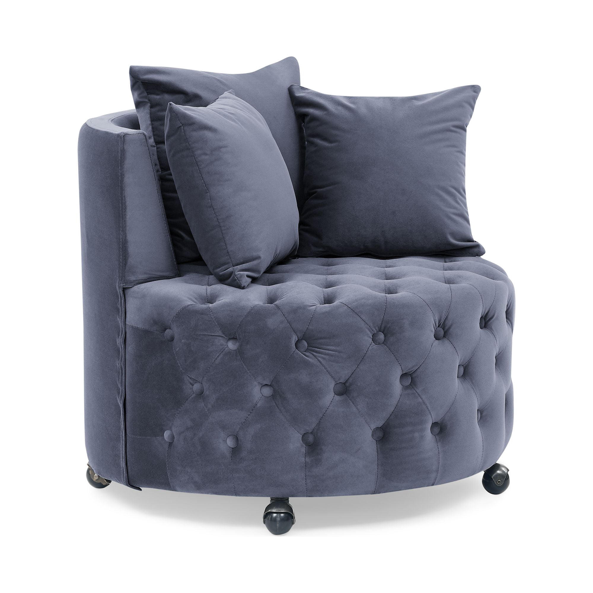 DEALTOPS Velvet Upholstered Swivel Chair for Living Room, with Button Tufted Design and Movable Wheels, Including 3 Pillows-Grey
