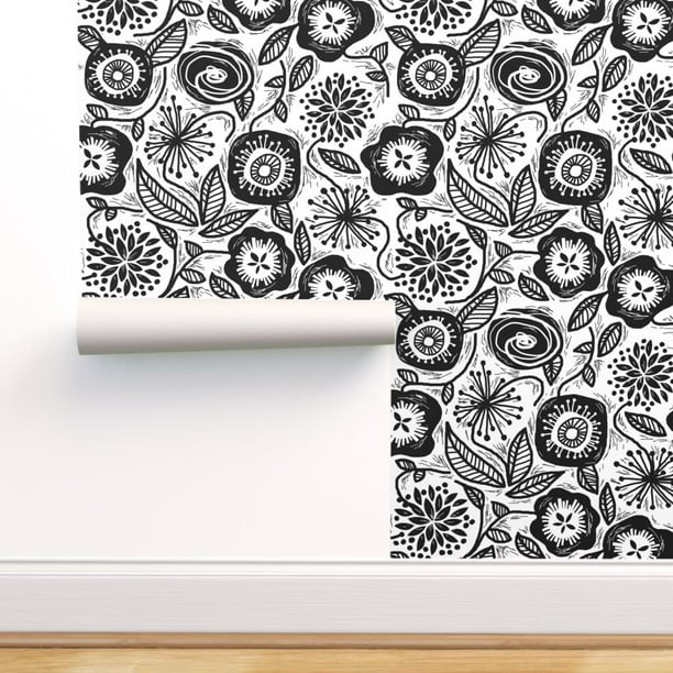 Peel-and-Stick Removable Wallpaper Floral Black White Flower Folk Art