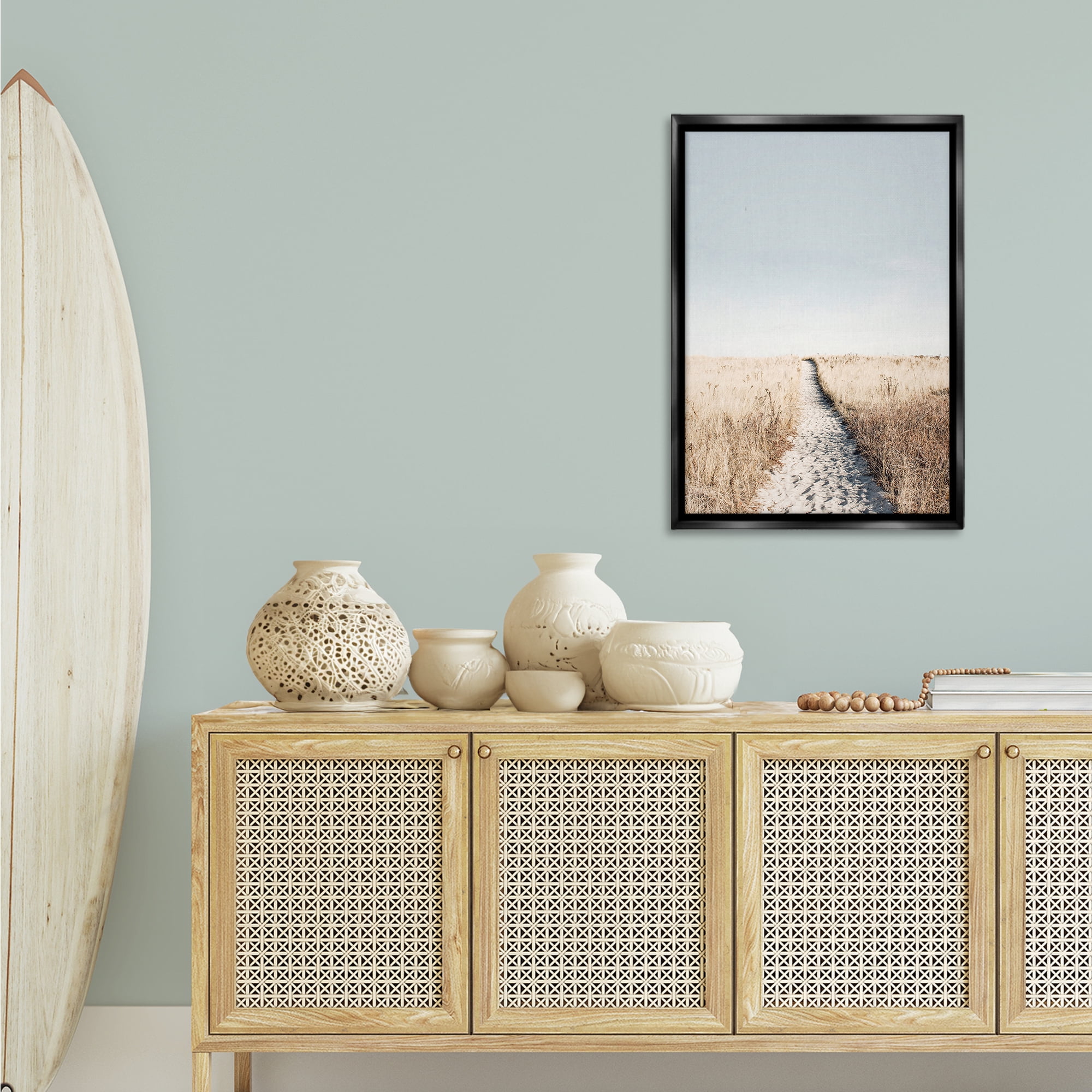 Stupell Industries Path with Sandy Footprints Landscape & Nature Photography Black Floater Framed Canvas Art Print Wall Art, 21 x 31