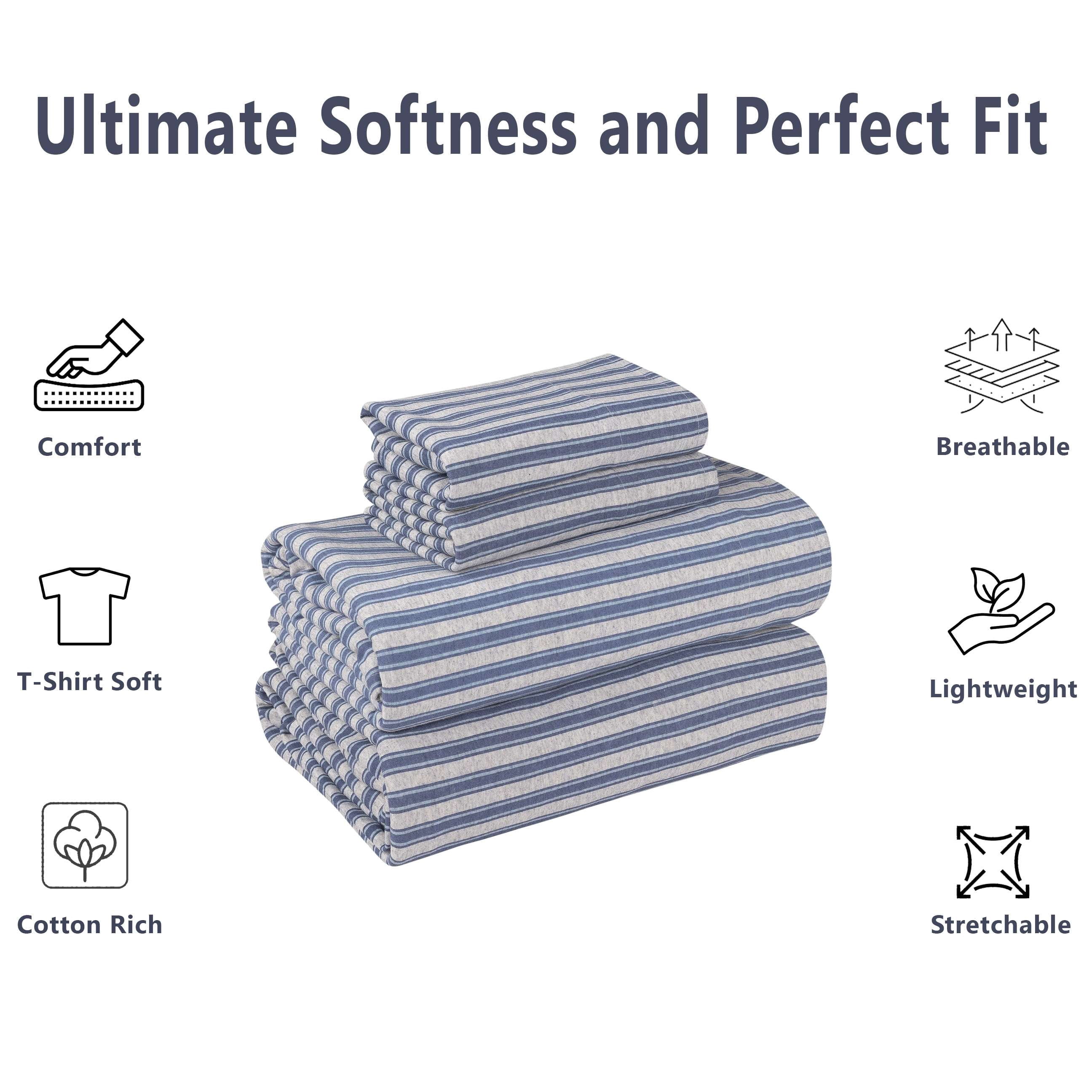 Mainstays Cotton Rich Extra Soft Jersey Bed Sheet Set, Queen, Blue Stripe, 4 Pieces