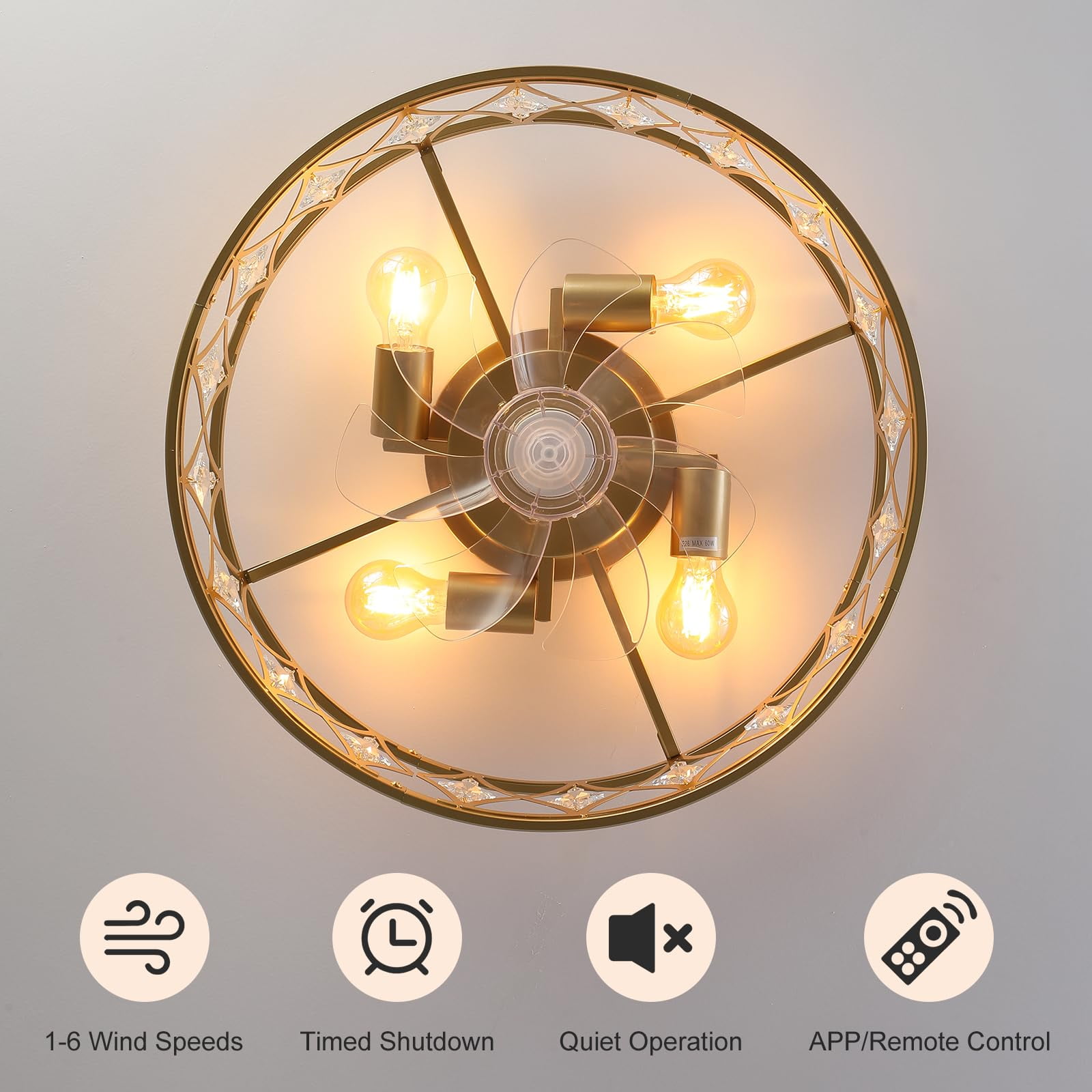 Garwarm 20" Gold Crystal Ceiling Fan with Lights and Remote, Flush Mount Fandelier, Low Profile Caged Bladeless Ceiling Fan for Bedroom, Living Room, Kitchen