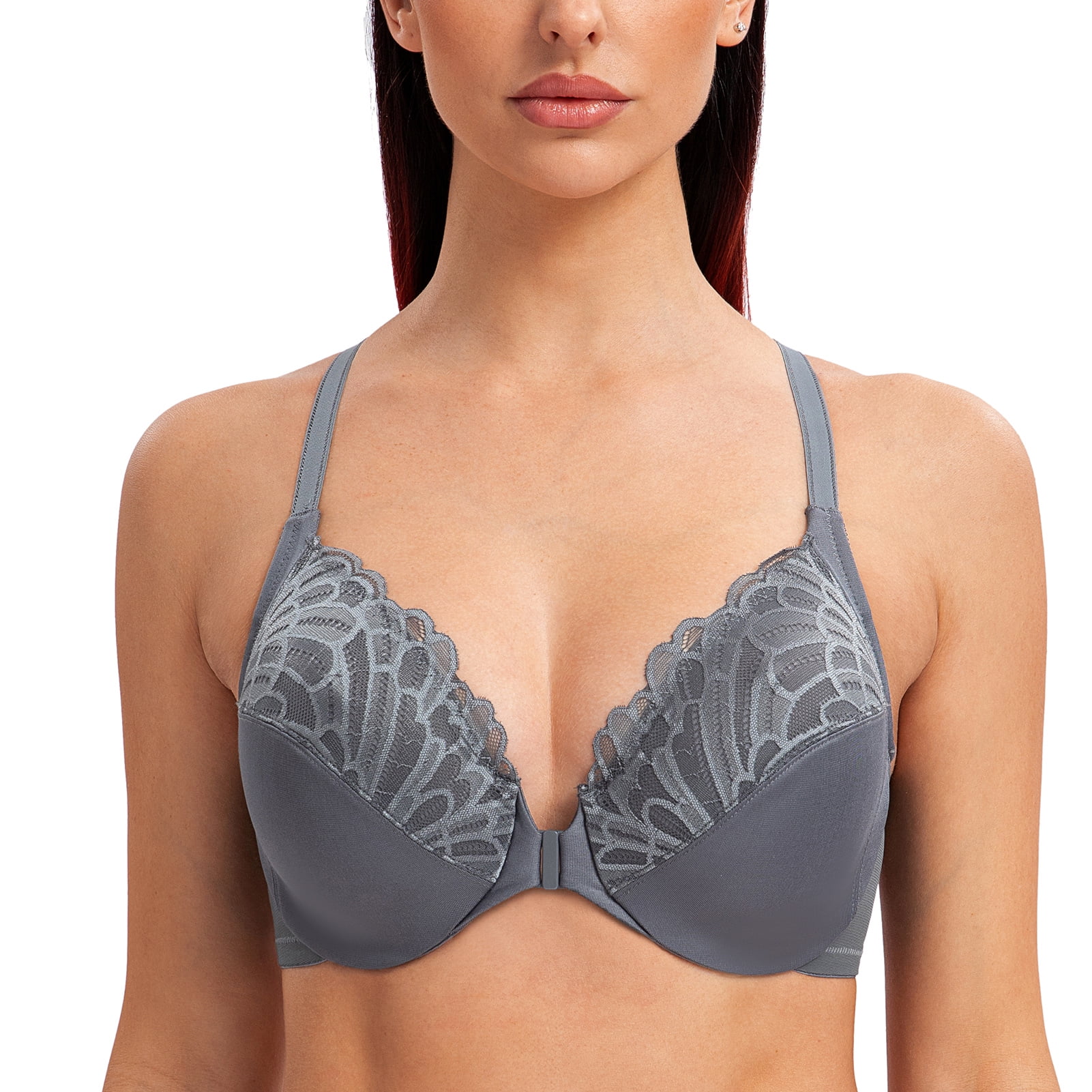 MELENECA Female Racerback Front Closure Unlined Underwire Bra for Women Anthracite 40DD