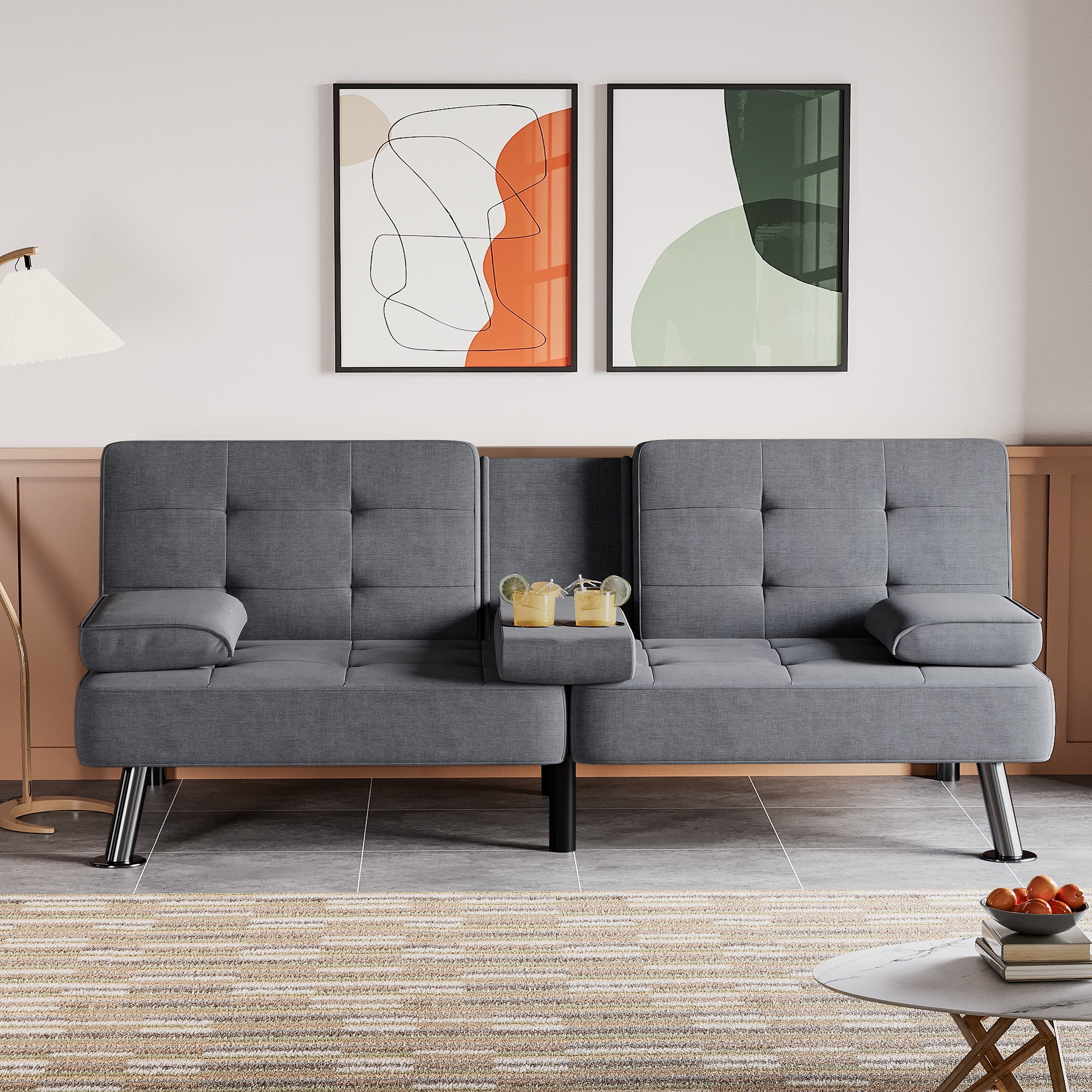 Homall Linen Convertible Futon with Cupholders, Removable Armrests, and Metal Legs, Dark Gray