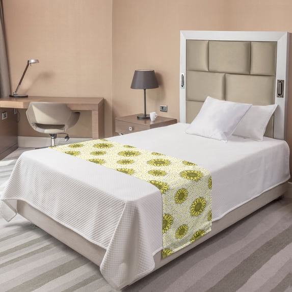 Yellow Polka Dot Bed Runner, Layout of Sunflower Silhouettes Leaves and Mini Spots, Decorative Accent Bedding Scarf for Hotels Homes and Guestrooms, Twin, Pastel Yellow Dark Grey, by Ambesonne