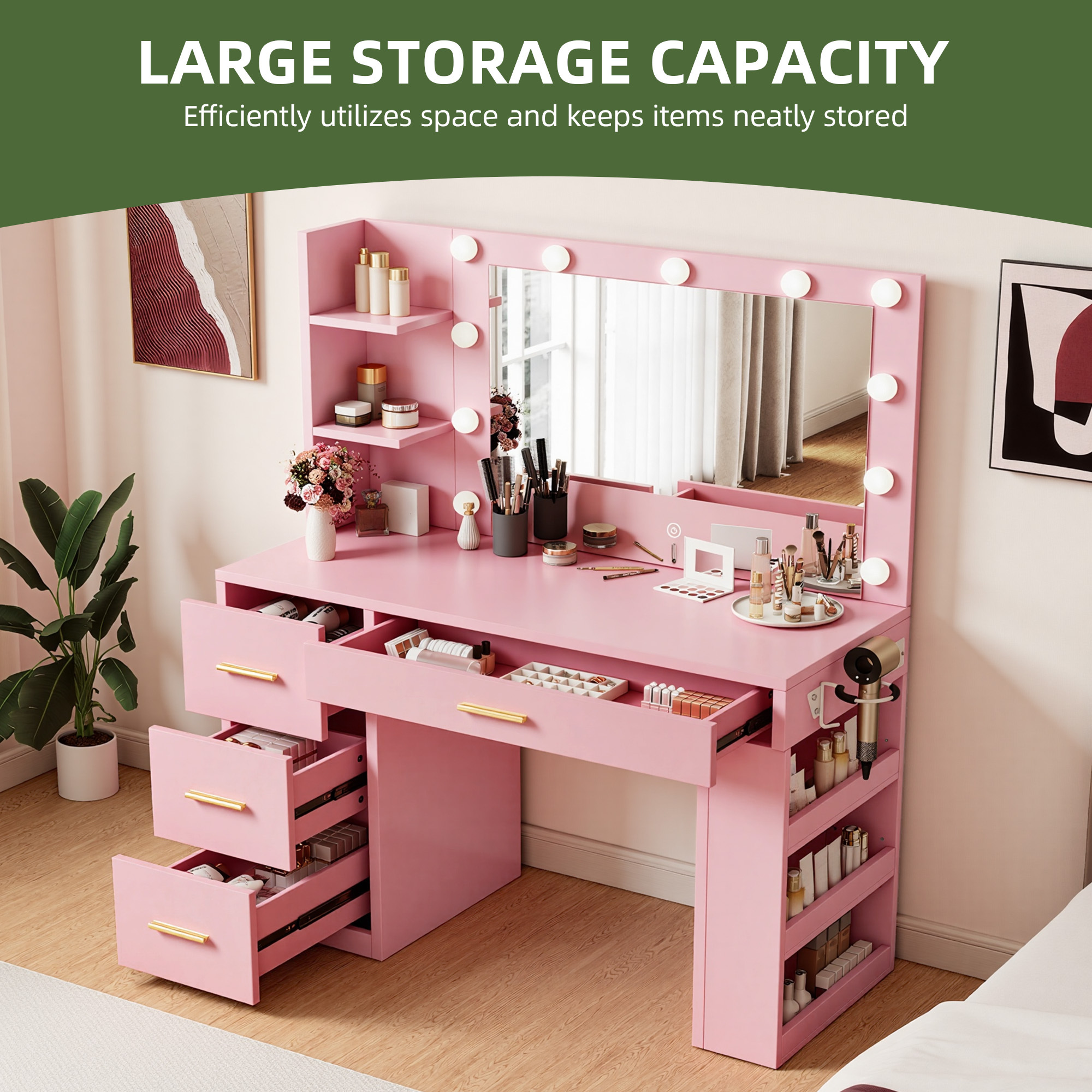 Uforic 39.5" Makeup Vanity Desk with LED Mirror, 4 Drawers, 6 Shelves, Power Outlets,Dressing Table for Bedroom - Pink