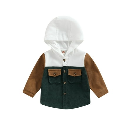 

Genuiskids Toddler Baby Boy Girl Corduroy Jacket Kids Long Sleeve Contrast Color Button Down Hoodie Jackets Fall Spring Shirt Coat Outerwear