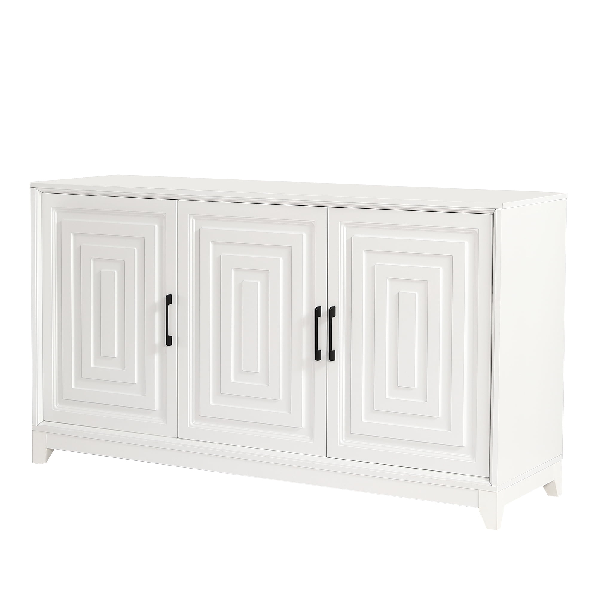 TV Stand for TVs up to 65 Inch with Geometric Doors and Adjustable Shelves, Media Console and Entertainment Center with Solid Wood Legs, White