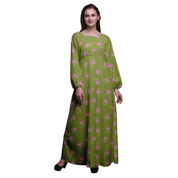 Bimba Moss Georgette Grandiflora Roses Floral Printed Women’s Long Sleeve Elastic Waist Maxi Dress Gown-XSmall