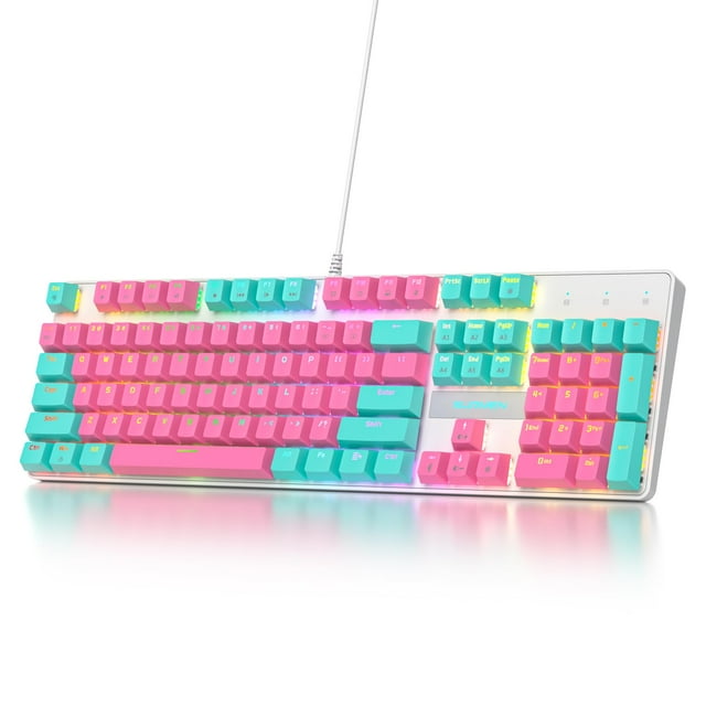 surmen Full Size Pink Creamy Keyboard with Number Pad, 104 Keys RGB Wired Mechanical Gaming Keyboard Backlit with PBT Keycaps Linear Red Switch for Laptop Desktop PC Gam