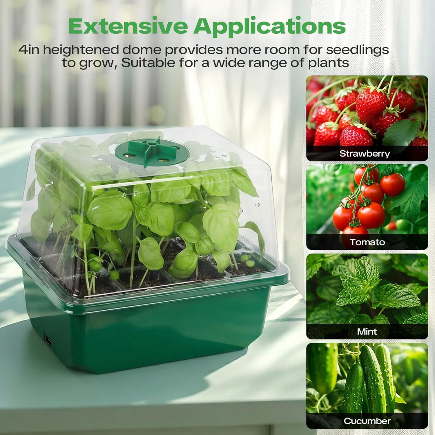 4 Pack Seed Starter Tray with Self-Heating, Seed Starter Kit with High Humidity Control Domes, Seedling Starter Trays for Indoor Gardening Plant, Green
