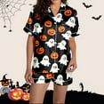 thumbnail image 4 of Xmyrz Pajama Sets For Women 2 Piece Outfits Silk Satin Short Sleeve Button Up Pumpkin Ghost Print Shorts Set Casual Halloween Sleepwear Pj Clothes Sets, 4 of 7