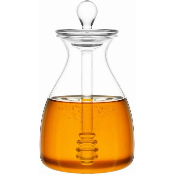 XUET Honey Dispenser Glass Honey Pot Honey Jar with Dipper Sticks and Lid Cover Honey Containers Holder for Home Kitchen, 14 Ounces