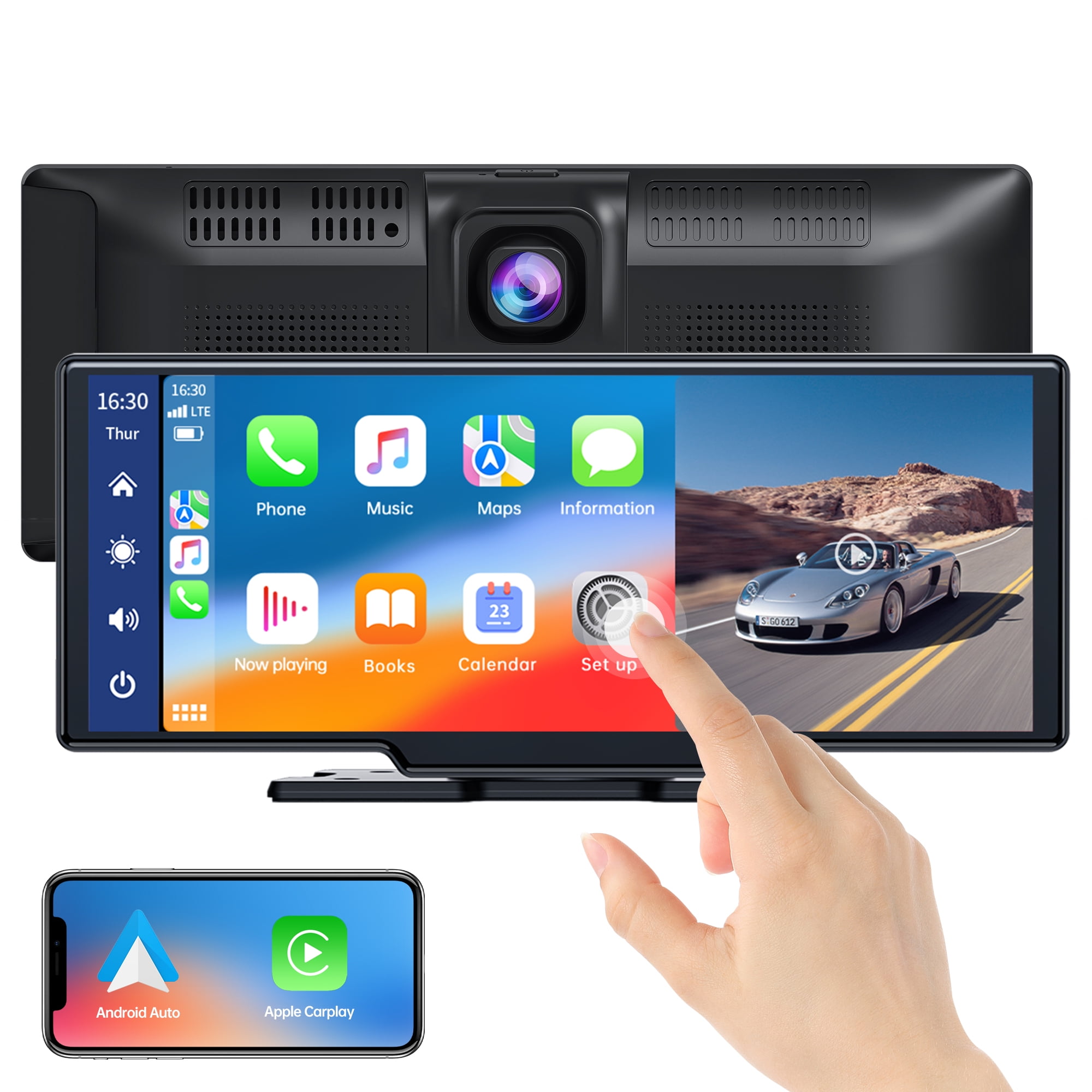 LAMTTO Wireless Apple Carplay Car Stereo with Front 2K Dash Cam, 9.26" Portable Car Play Screen