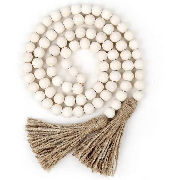 LQQBOX 58 In Wood Bead Garland with Tassels,Farmhouse Beads Rustic Country Decor Prayer Boho Beads Wall Hanging Decoration (Nature)