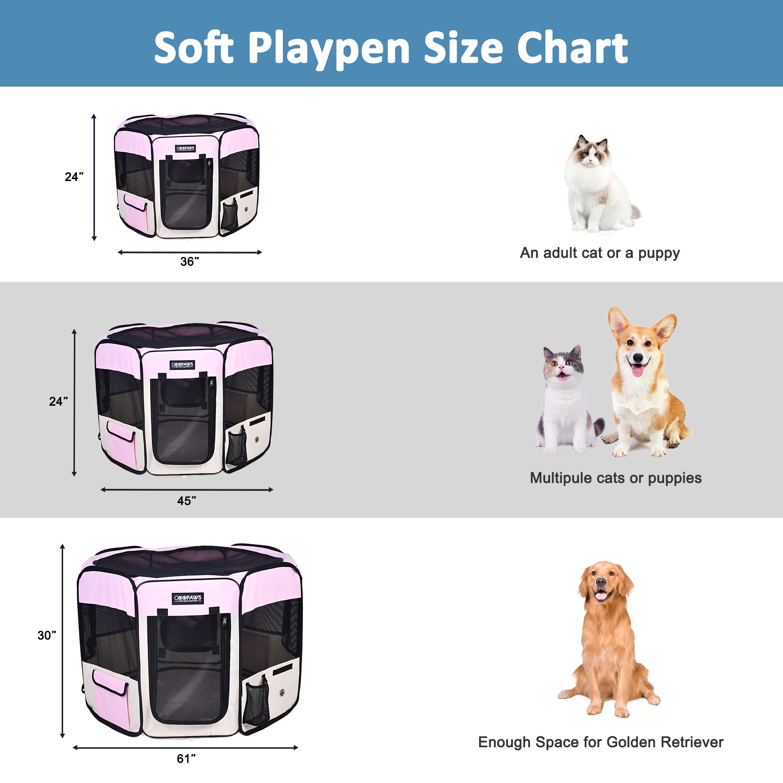 GOOPAWS Pet Dog Playpens 36", 45" & 61" Portable Soft Dog Exercise Pen Kennel with Carry Bag for Puppy Cats Kittens Rabbits, Indoor/Outdoor Use
