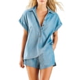 thumbnail image 2 of Favoffer Women Faux Denim Blend Sets Short Sleeve Button Front Shirts Loose Pocket Shorts Two Piece Outfits for Beach Vacation Summer Daily Leisure Time, 2 of 7