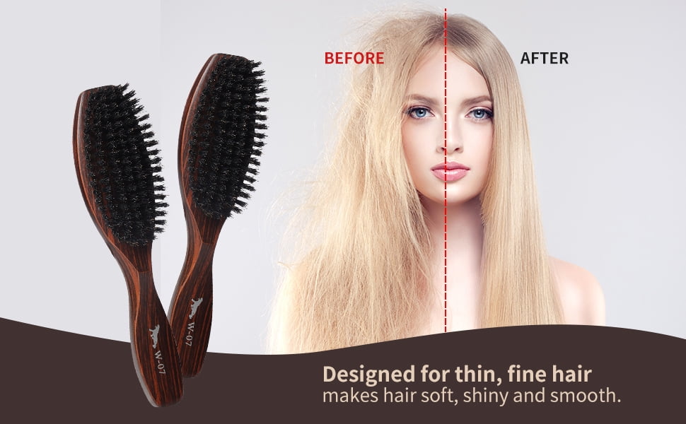 Perfehair Boar Bristle Hair Brush with Wooden Handle for Men and Women's Thin, Fine Hair, Balck
