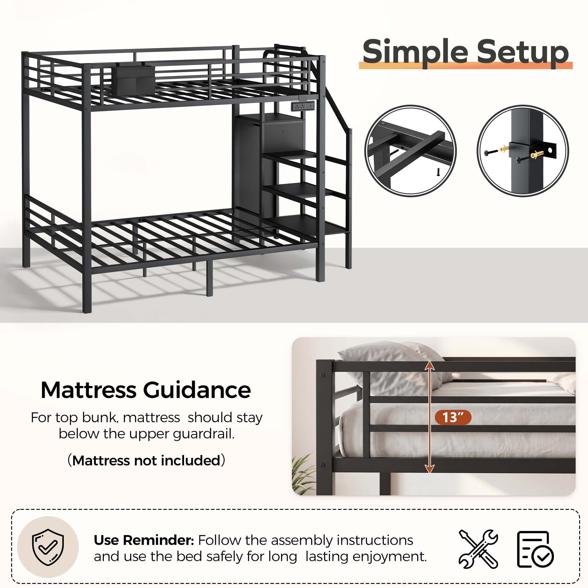 Miniyam Full Over Full Bunk Bed with Stairs, Storage and Charging Station, Metal Frame, Black