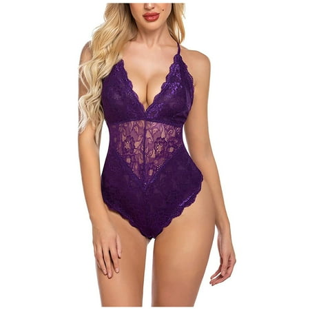adviicd Women S Lingerie Womens Lace Bodysuit  Teddy Lingerie with Underwear Cups Mesh Deep V Neck One Piece Purple M