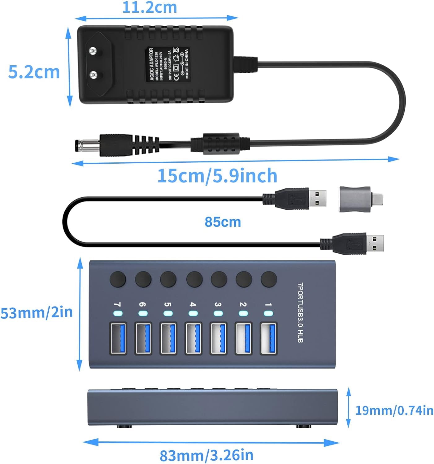 Powered USB Hub, AUBEAMTO Aluminum 7-Port USB 3.0 Hub with 7 USB 3.0 Data Transfer Ports, USB Splitter with Individual Switch and 36W (12V/3A) Power Adapter for Laptop, PC, Computer, Mobile HDD