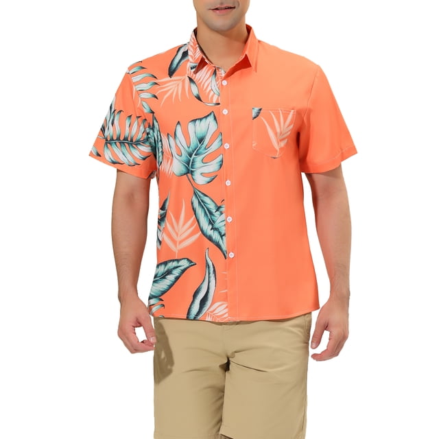 INSPIRE CHIC Men's Summer Leaf Patchwork Shirt Button Down Printed Shirts M Light Orange Green