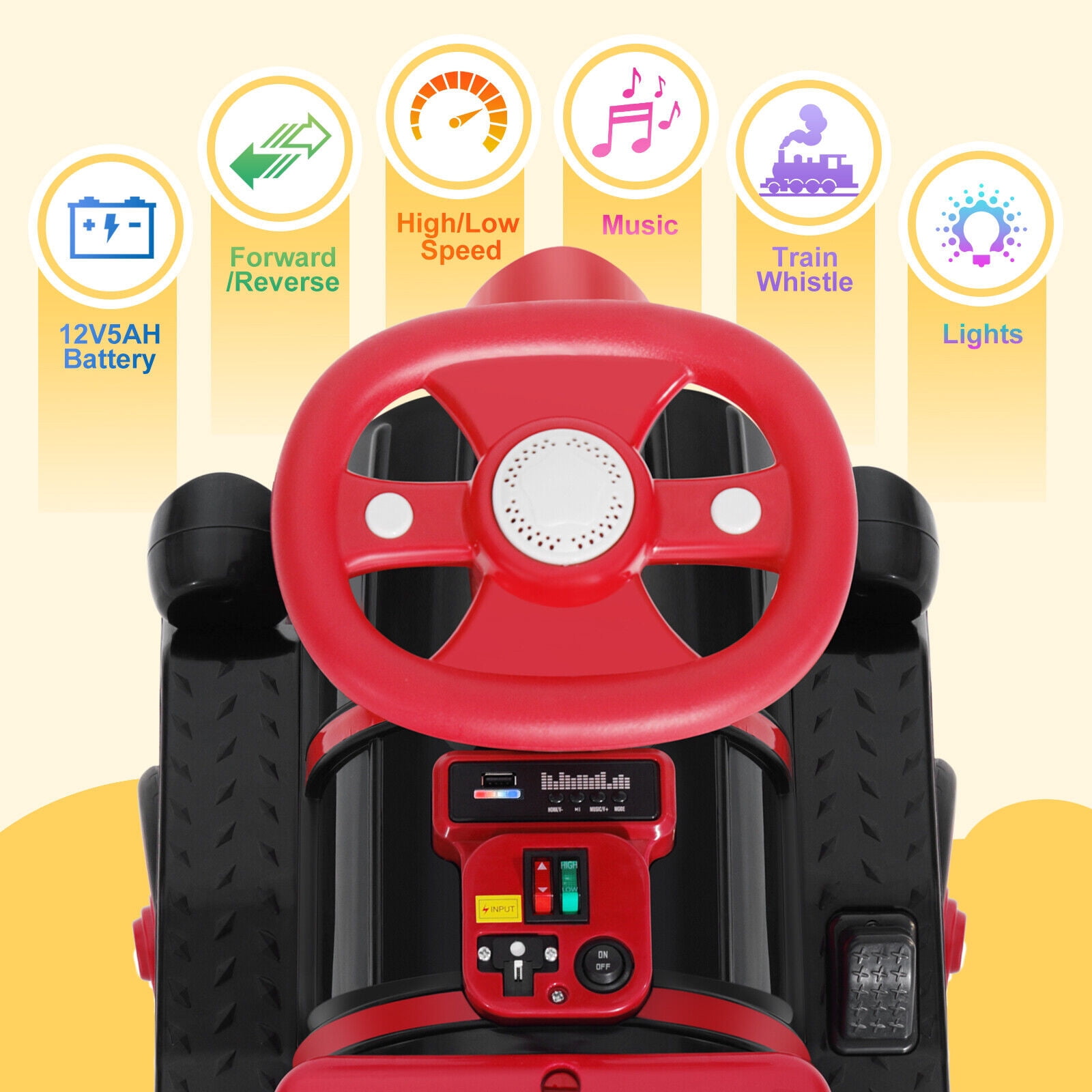 Red 2-Seater 12V Electric Kids Ride On Train Toy Car Boys Girls Gift w/2 Speed,Music,Lights,Honk,Storage,USB,Support to 110LBS